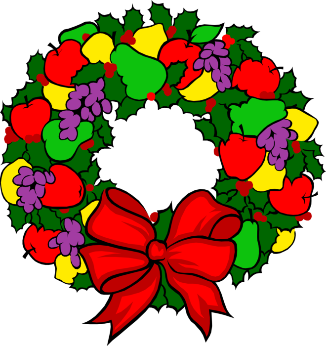 Vector Illustration of Festive Season Christmas Wreath with Fruit Apples, Pears, Grapes and Lemons