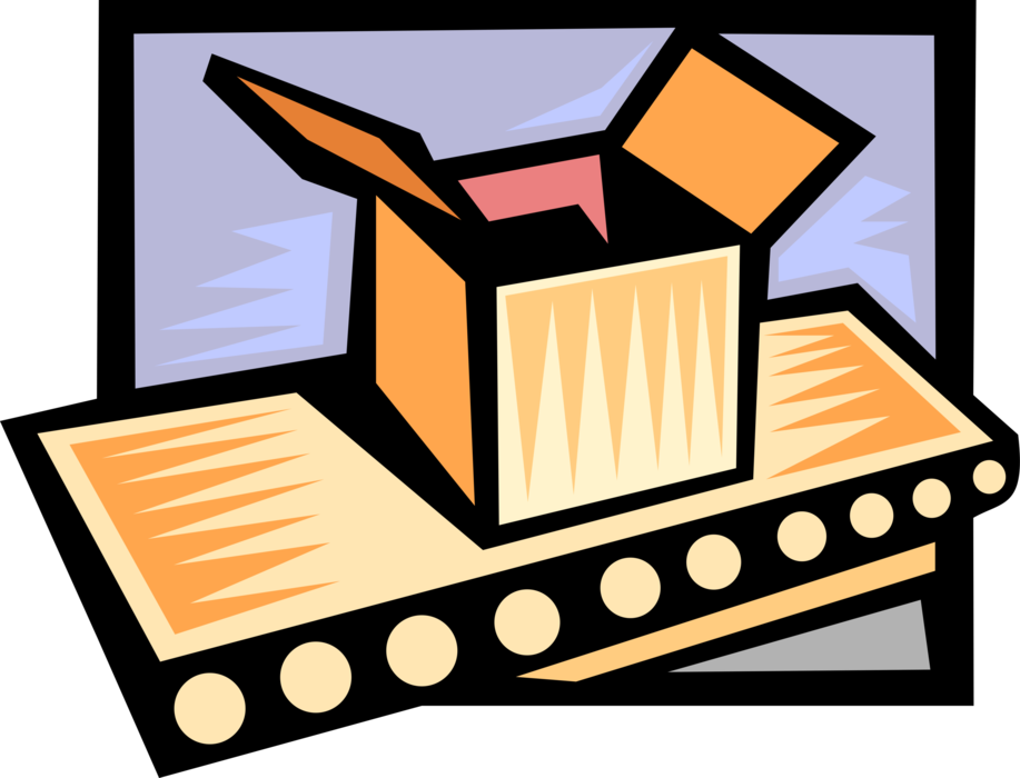 Vector Illustration of Industrial Factory Manufacturing Process Package on Conveyor Belt