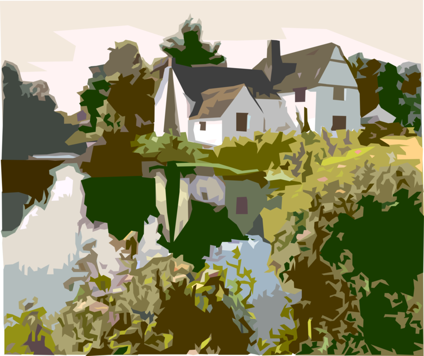 Vector Illustration of Country House and River with Trees