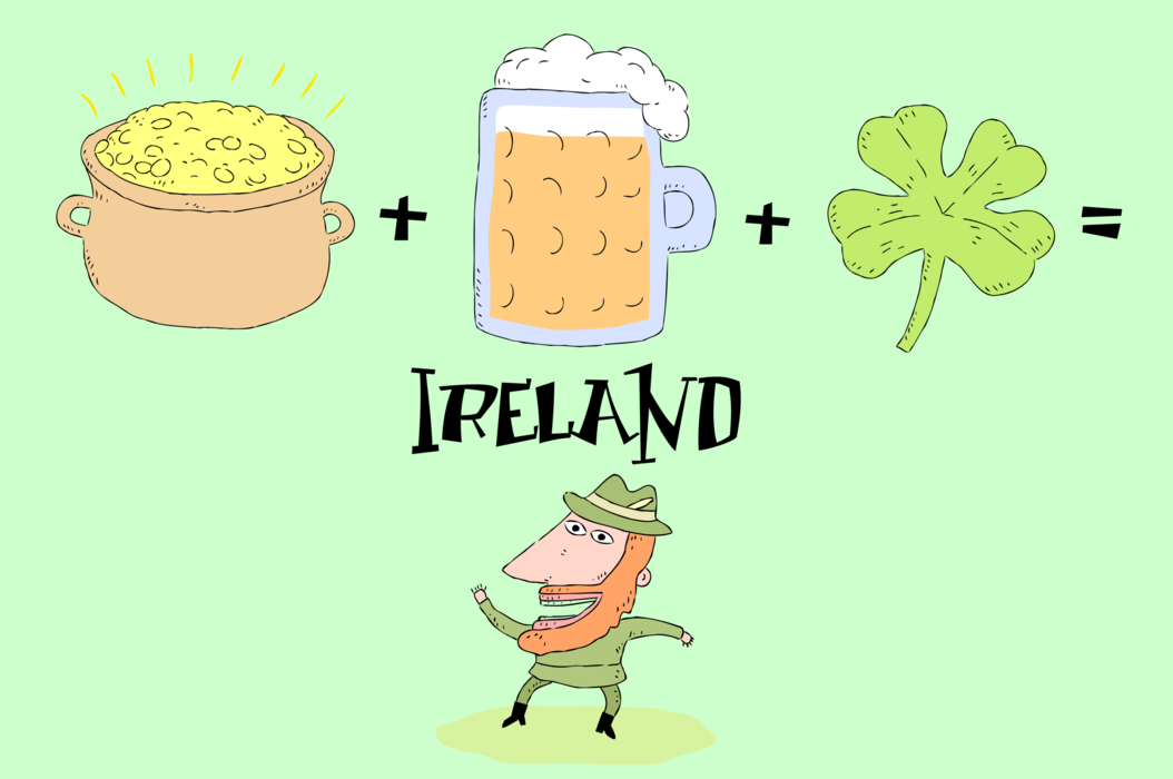 Vector Illustration of Ireland is Land of Irish Leprechauns, Gold, Beer and Shamrocks