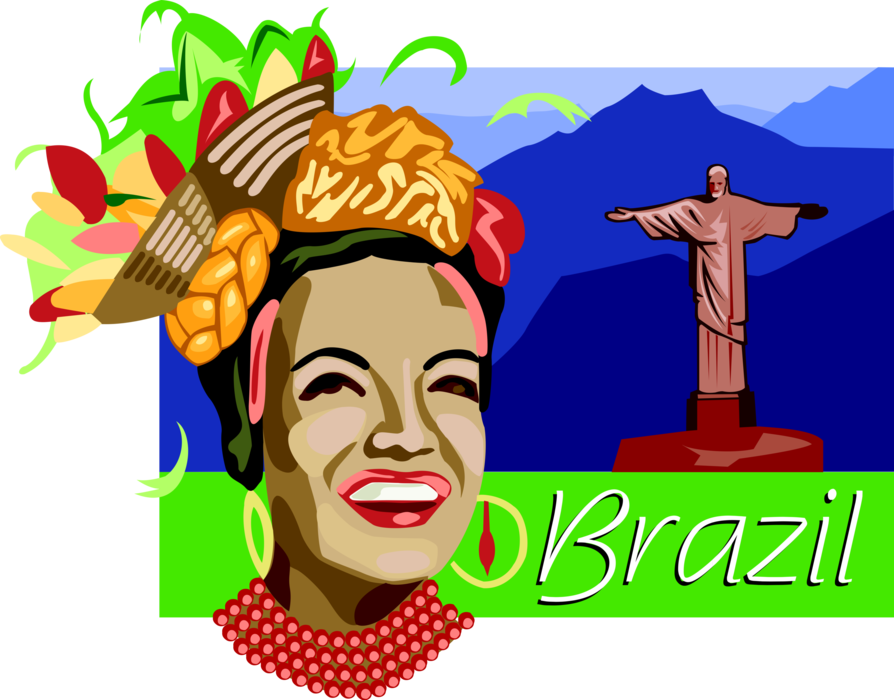 Vector Illustration of Brazil Postcard Design with Christ the Redeemer Statue and Rio de Janeiro Carnival Dancer