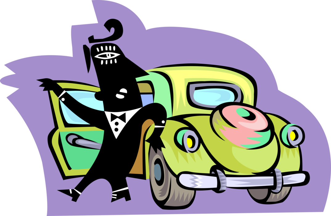 Vector Illustration of Wealthy Man Exiting Vintage Automobile Car