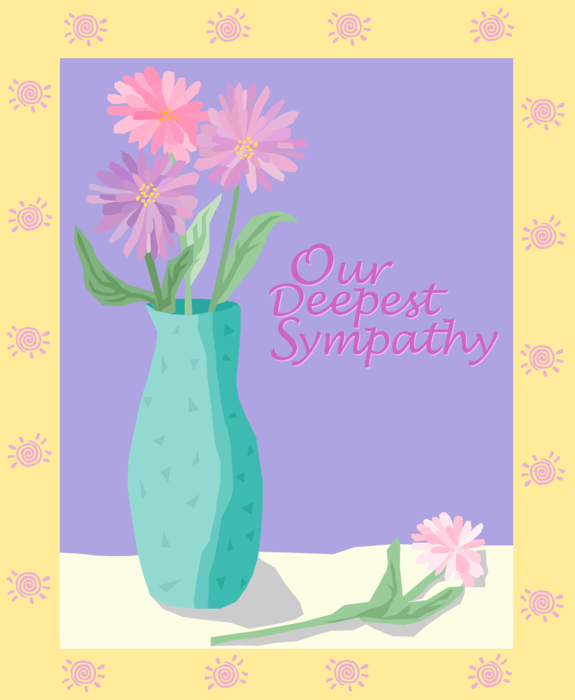 Vector Illustration of Funeral Card with Our Deepest Sympathy Flowers in Vase