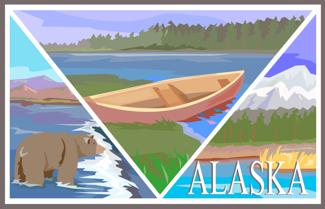 Vector Illustration of Alaska State Postcard Design Featuring Untamed Wilderness