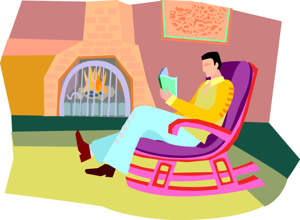 Vector Illustration of Relaxing in Rocking Chair Beside Fireplace Reading Book