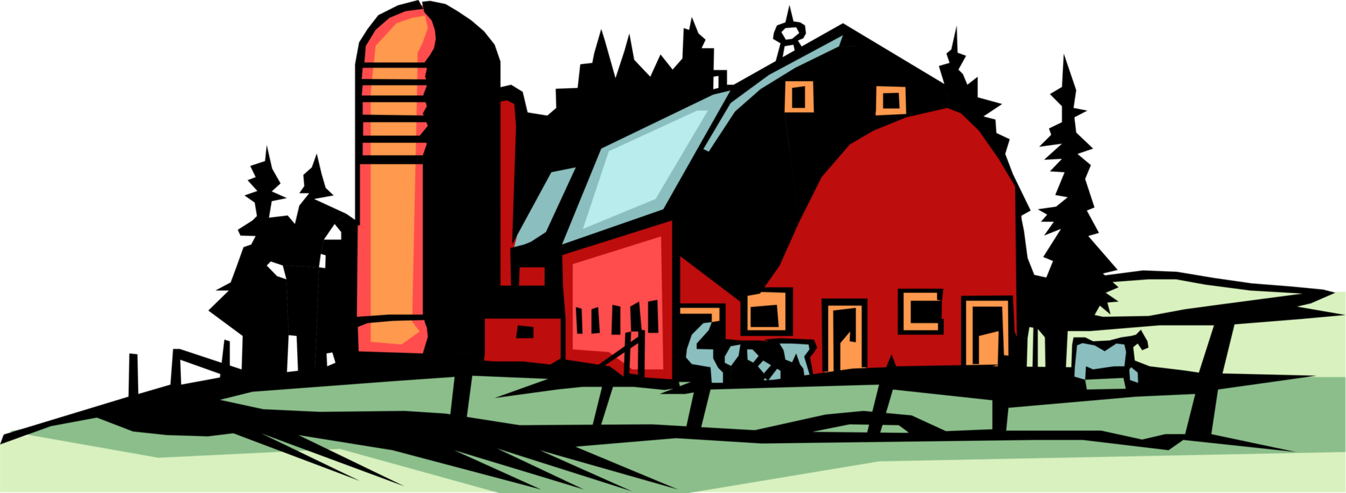 Vector Illustration of Farm Red Barn with Grain Harvest Storage Silo