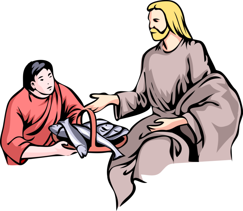 Vector Illustration of Jesus Christ with Miracle of Loaves and Fishes