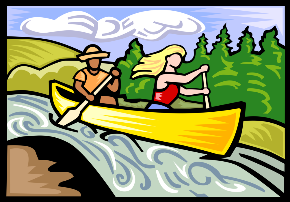 Vector Illustration of Canoeists Navigate Whitewater Rapids in Canoe on Raging River