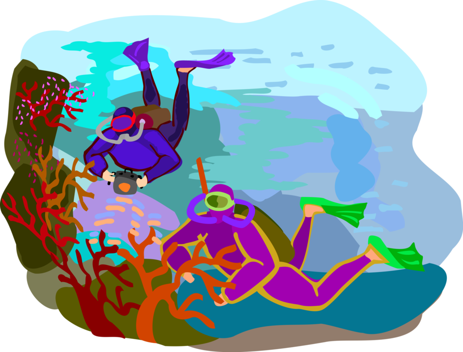 Vector Illustration of Scuba Divers Explore Colorful Coral Reef Underwater