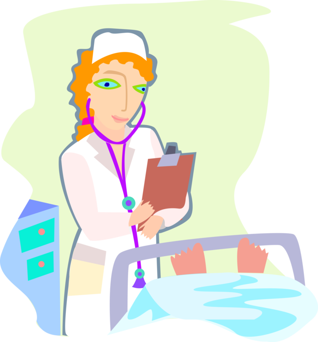 Vector Illustration of Health Care Nurse Caring for Sick Patient Reviews Medical Chart at Bedside