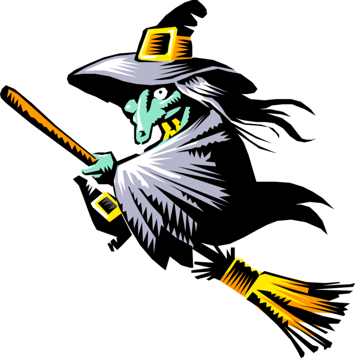 Vector Illustration of Halloween Sorceress Witch Flies on Broomstick