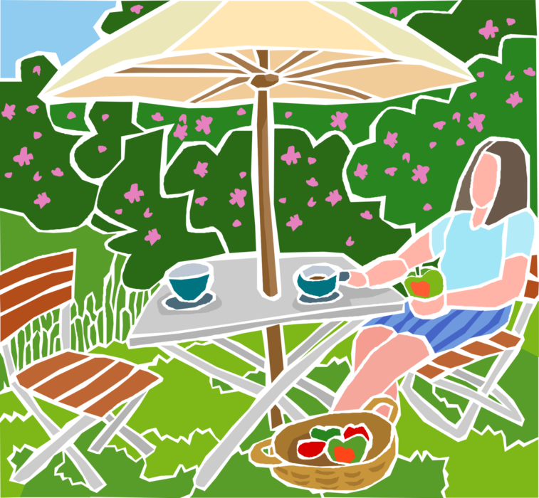 Vector Illustration of Summer Day at Table with Umbrella or Parasol Rain Protection