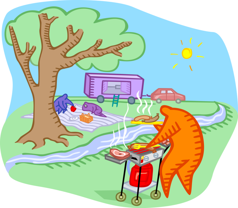 Vector Illustration of Summer Picnic with Barbeque Barbecue, or BBQ Grill Meal