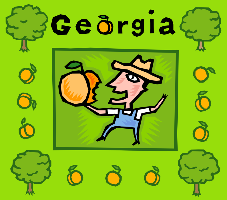 Vector Illustration of State of Georgia with Farmer Eating Fresh Fruit Peach, USA