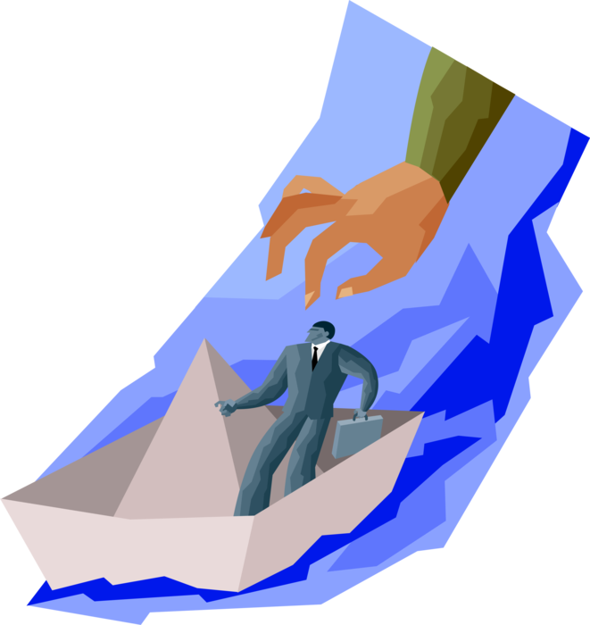 Vector Illustration of Businessman in Unstable Situation Tries to Stay Afloat