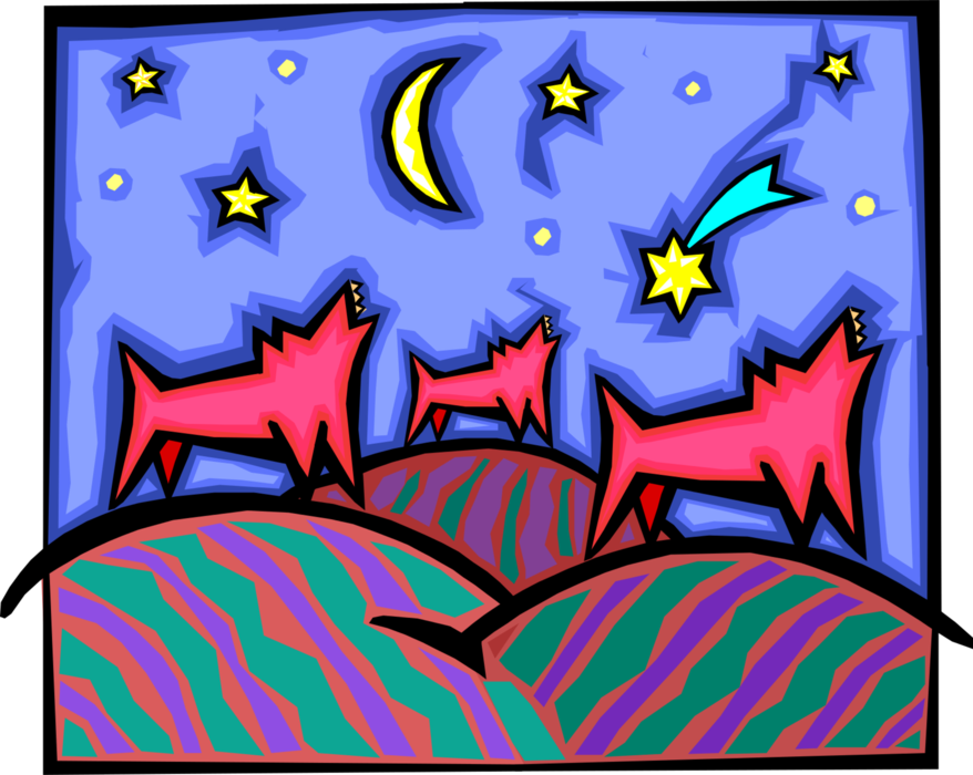 Vector Illustration of Pink Wolves Howling at the Moon