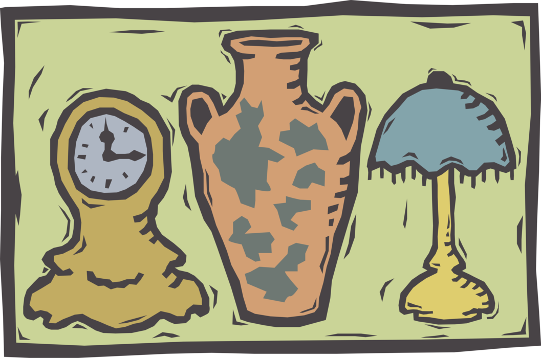 Vector Illustration of Home Furnishings Lamp, Vase and Clock