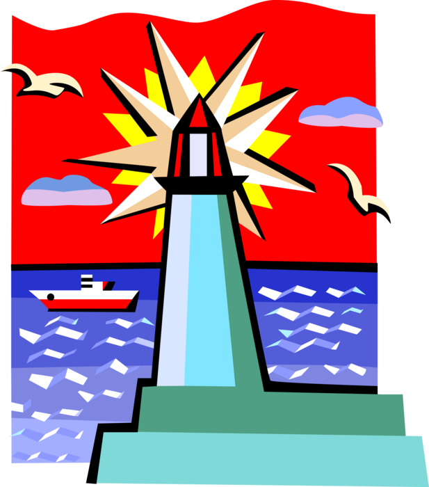 Vector Illustration of Lighthouse Beacon Emits Light as Navigational Aid for Maritime Vessels