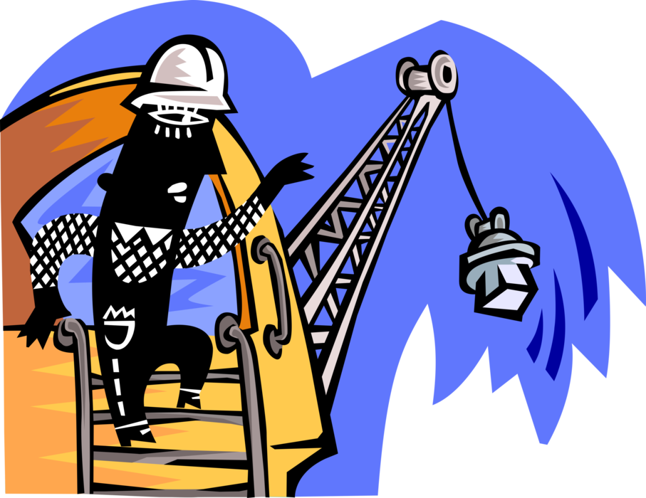 Vector Illustration of Construction Worker Operates Heavy Equipment Crane Magnet
