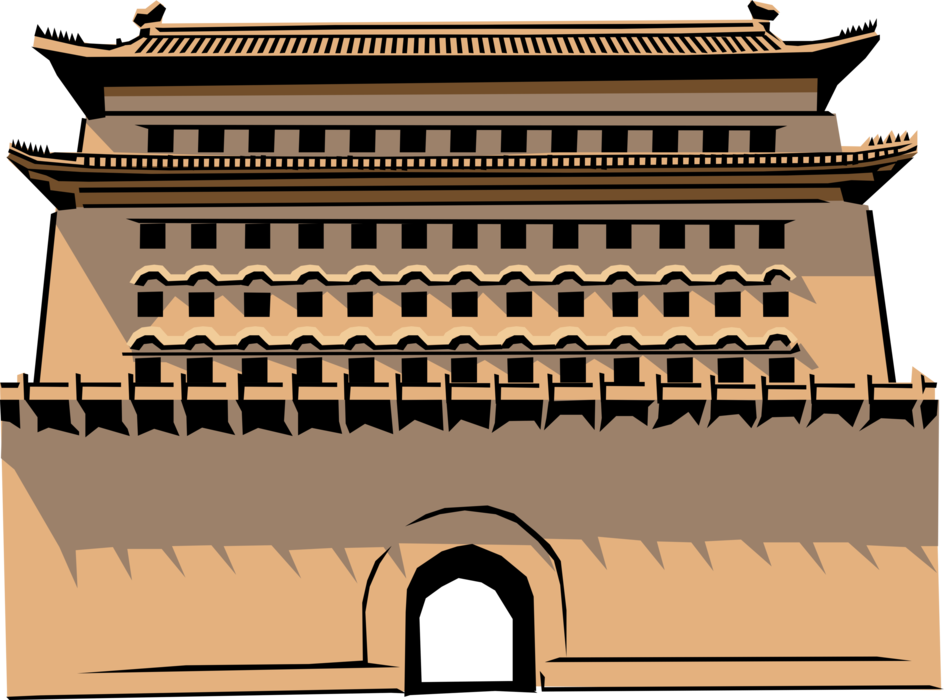 Vector Illustration of Chinese Zhengyangmen Gate in Beijing's Historic City Wall, China