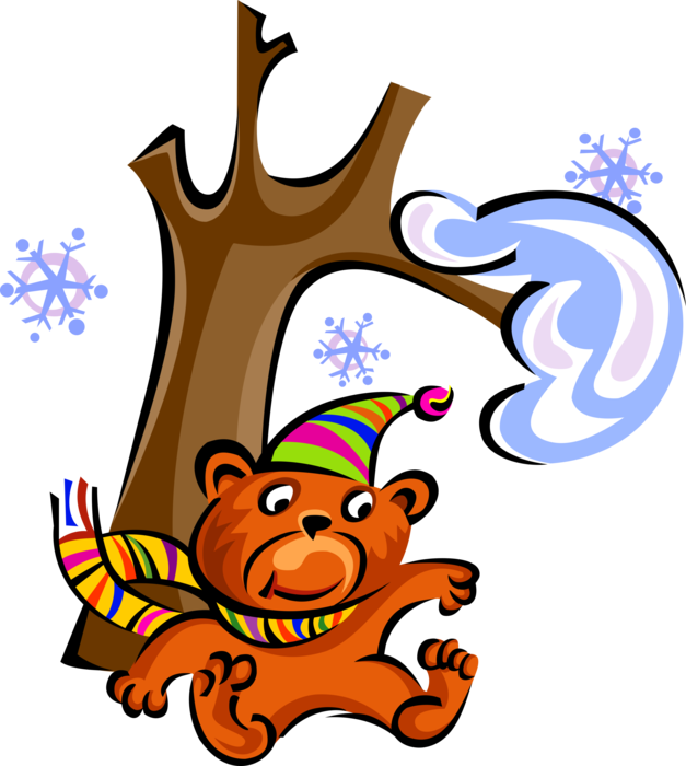 Vector Illustration of Teddy Bear Stuffed Animal Toy Sits under Tree in Winter Snowstorm