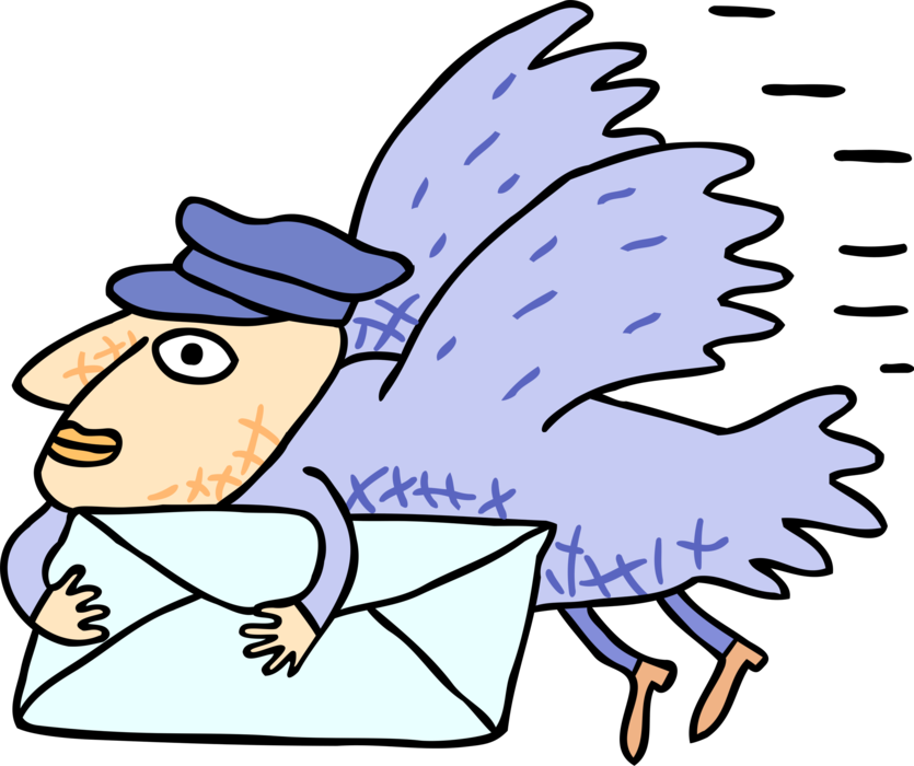 Vector Illustration of Anthropomorphic Feathered Bird Mailman Delivers Mail Envelope