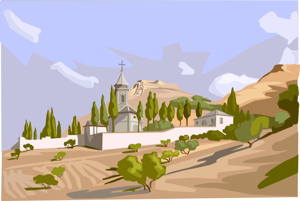 Vector Illustration of Christian Church Cathedral House of Worship in Greek Landscape with Trees