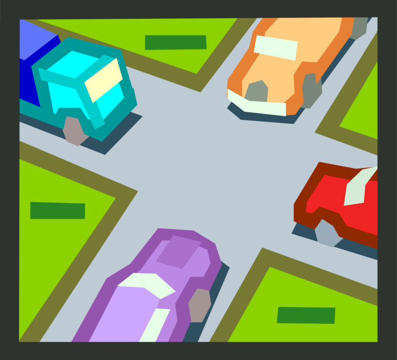 Vector Illustration of Street Intersection with Automobile Motor Vehicles