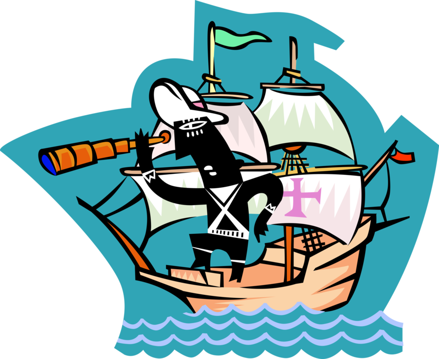 Vector Illustration of World Adventurer and Explorer Navigates the Ocean on Sailing Vessel with Telescope