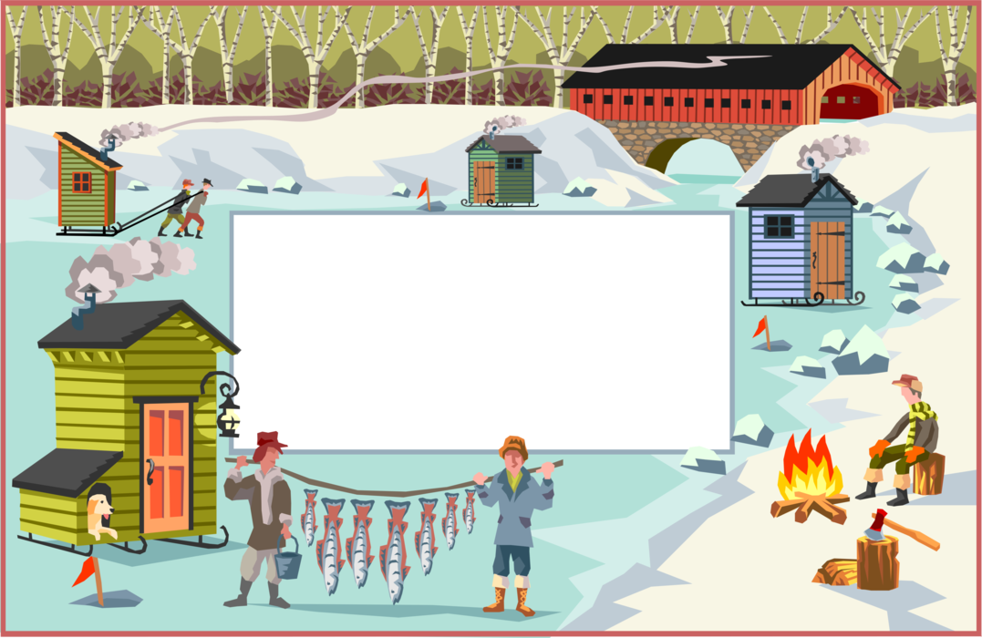 Vector Illustration of Winter Ice Fishing on Frozen Lake with Huts Frame Border