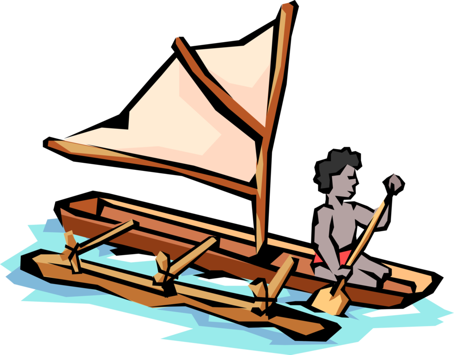 Vector Illustration of Polynesian Islands Indigenous Native Paddles Boat with Sail