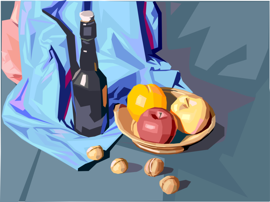 Vector Illustration of Bottled Beverage and Fruit Bowl Apples and Walnuts