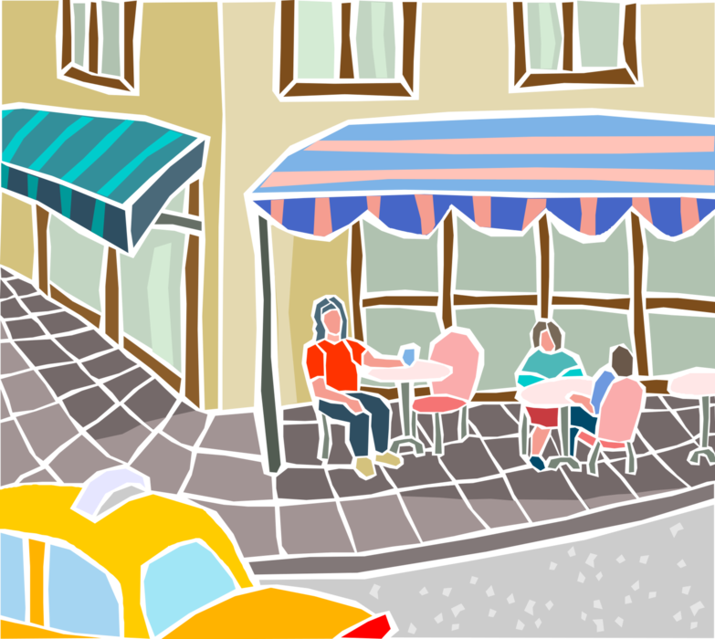 Vector Illustration of Street Café Restaurant with Tables, Chairs and Awnings
