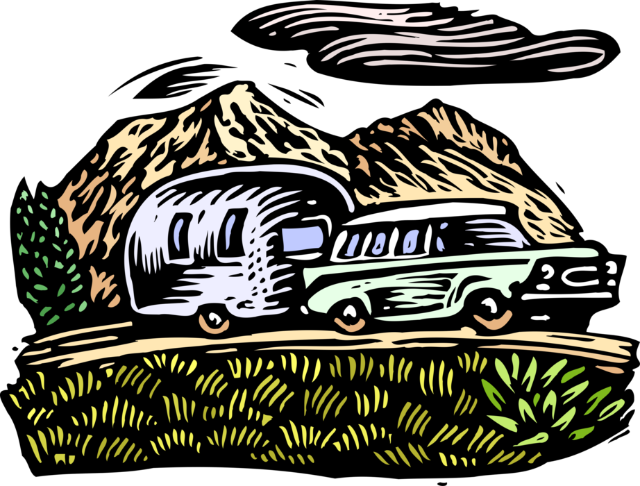 Vector Illustration of Family Automobile Vehicle Pulling Camper Trailer in Wilderness