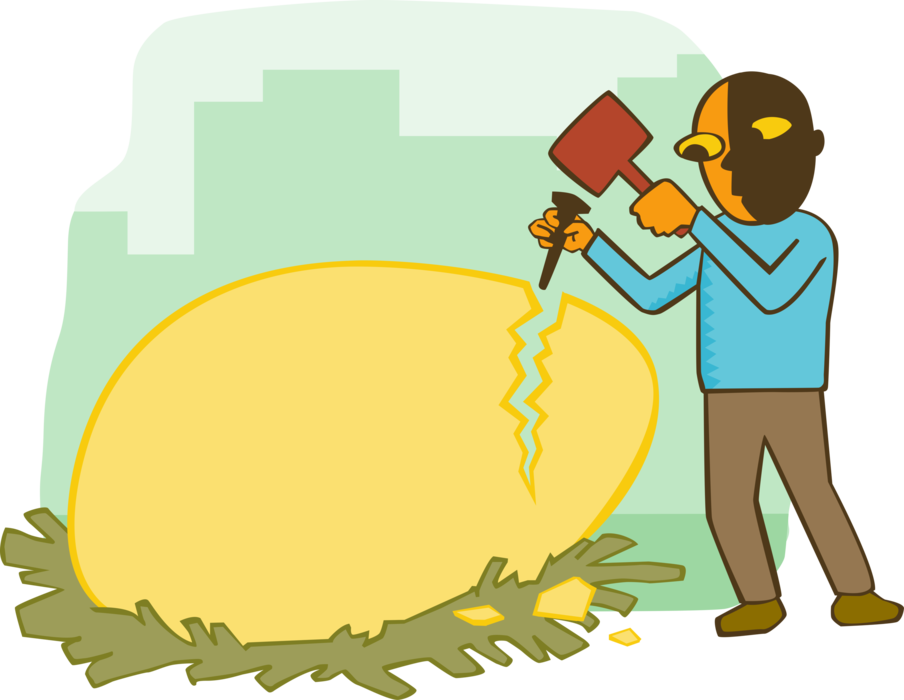 Vector Illustration of Businessman Cracking Golden Egg with Hammer and Chisel