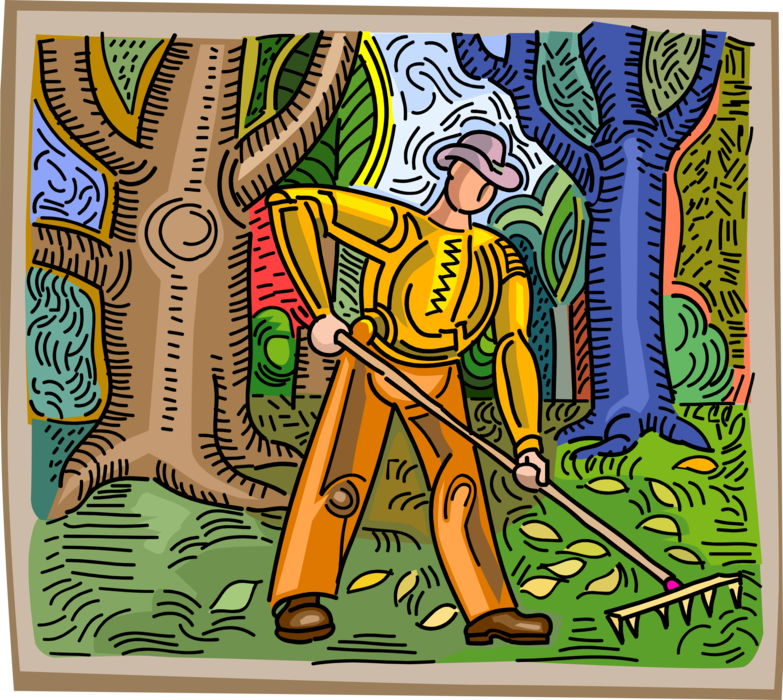 Vector Illustration of Lawn Care Worker Raking Autumn Fall Leaves with Rake