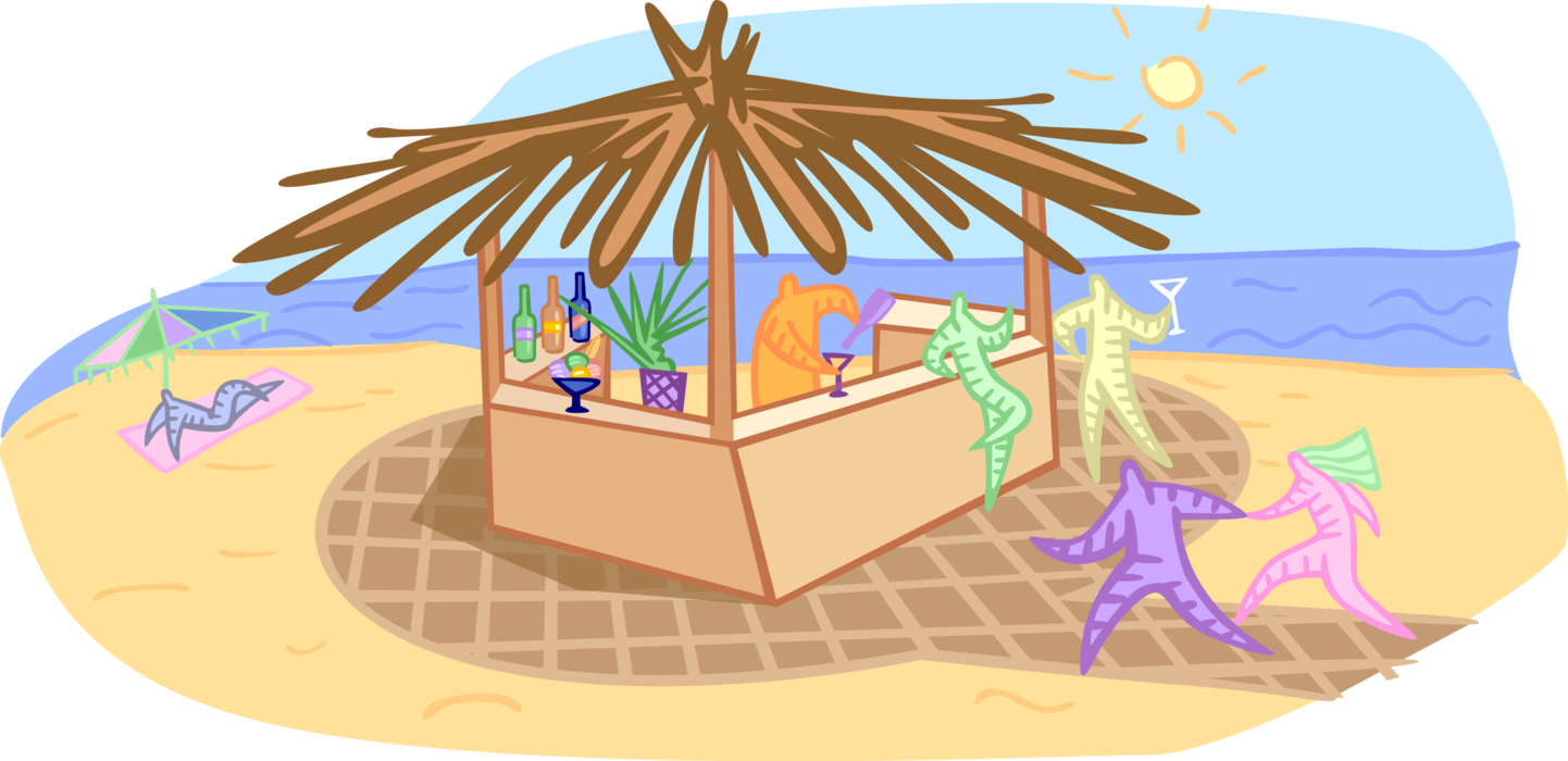 Vector Illustration of Vacation Holiday at Tropical Resort Beach Bar with Alcohol Beverage Cocktails