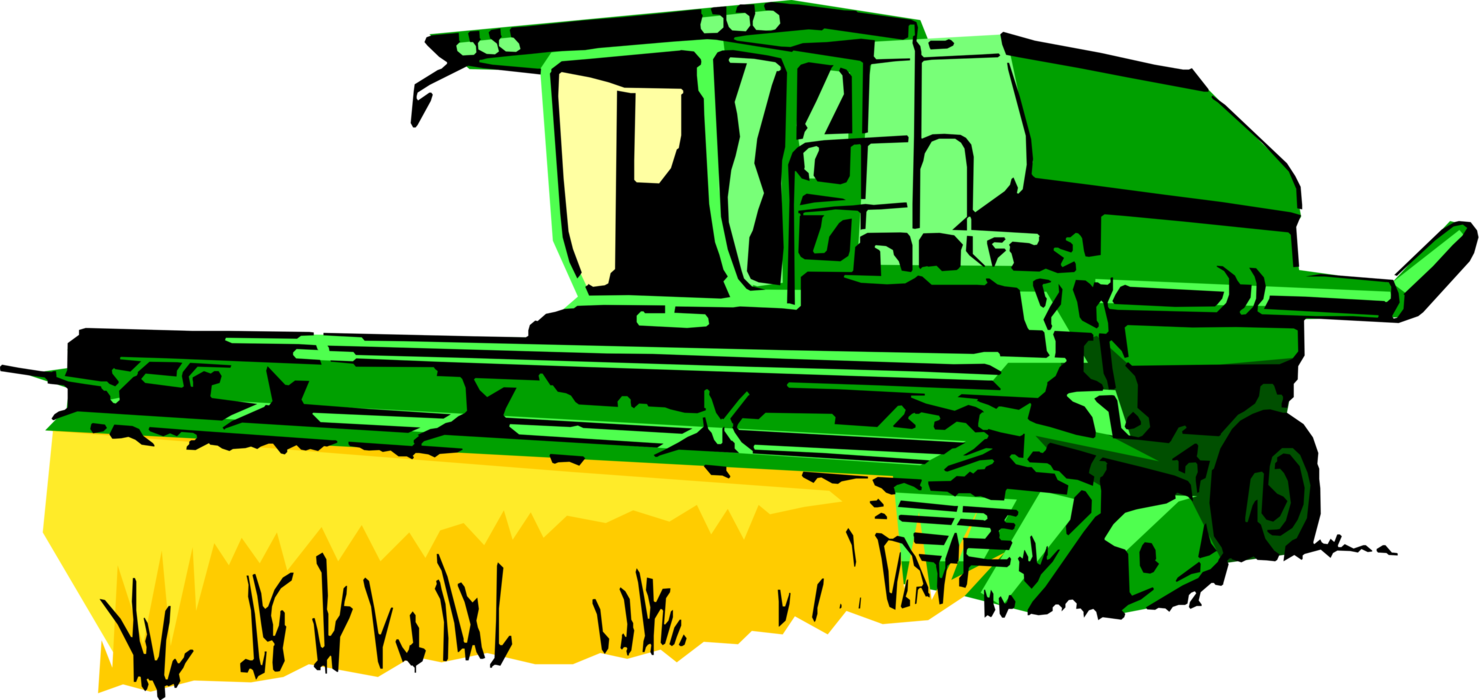 Vector Illustration of Farm Equipment Combine Harvester Harvests Grain Crops