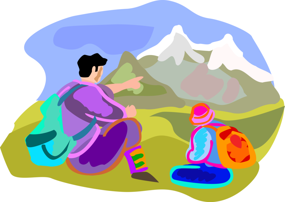 Vector Illustration of Hiking Tourists Hike Through Mountains in Switzerland