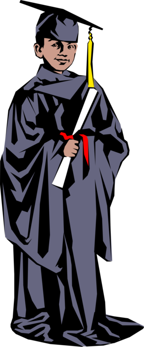 Vector Illustration of Young Graduate in Mortarboard Cap and Gown with Diploma