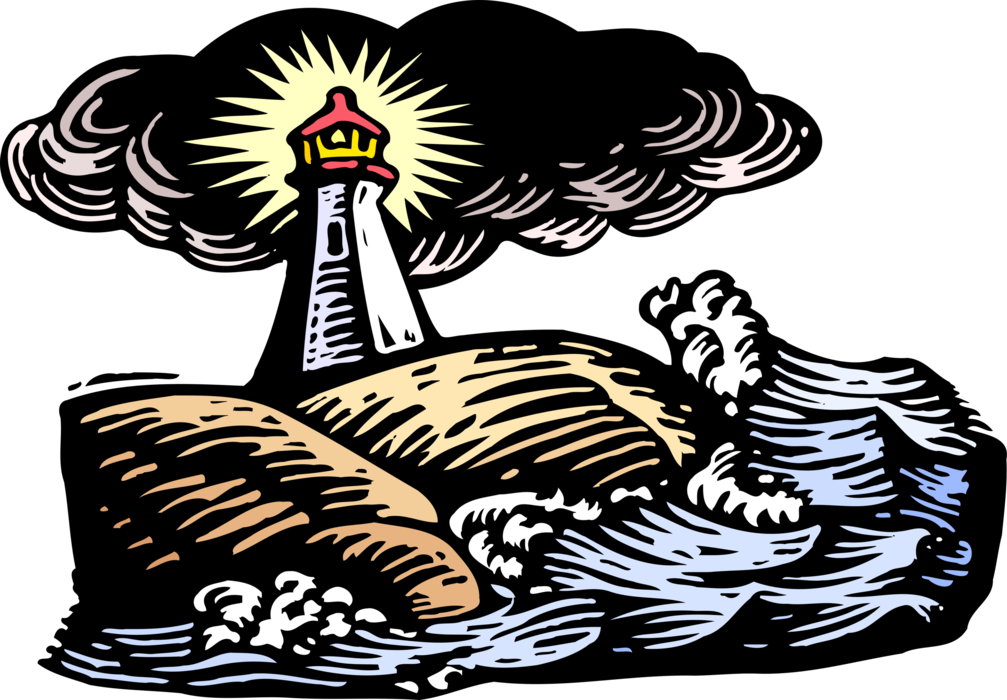 Vector Illustration of Lighthouse Beacon with Waves Crashing to Shore