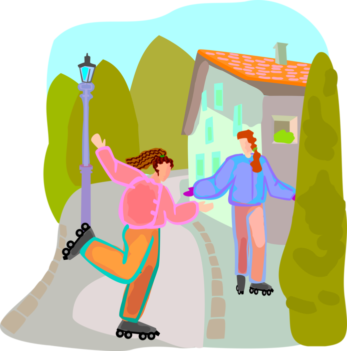 Vector Illustration of Children with Inliner Skates Roller Skating Outdoors in Summer