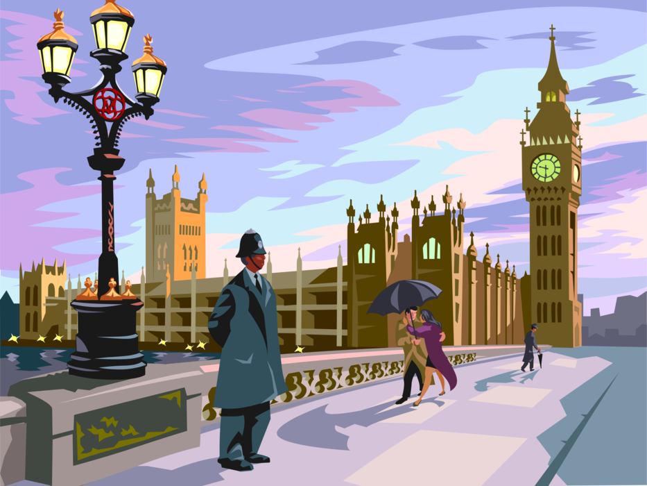 Vector Illustration of Big Ben Clock Tower Tourism Landmark, British House of Parliament, London, England, United Kingdom