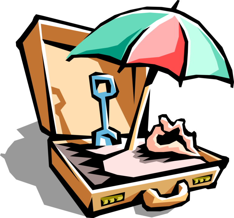 Vector Illustration of Briefcase or Attaché Portfolio Case Carries Documents with Beach Umbrella and Sand