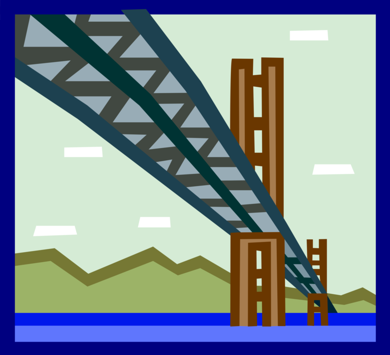 Vector Illustration of Suspension Bridge Over Water