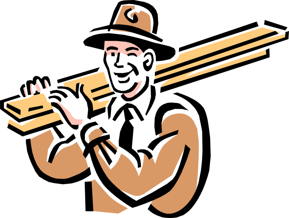 Vector Illustration of 1950's Vintage Style Lumberyard Worker Carrying Lumber Wood Board