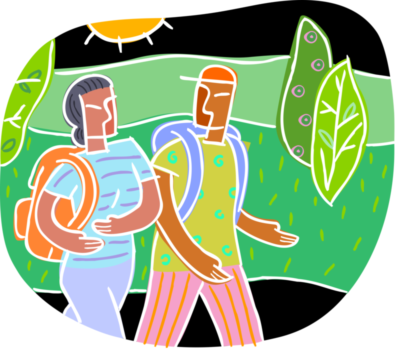 Vector Illustration of Two Hikers with Backpacks Hiking Wilderness Trail