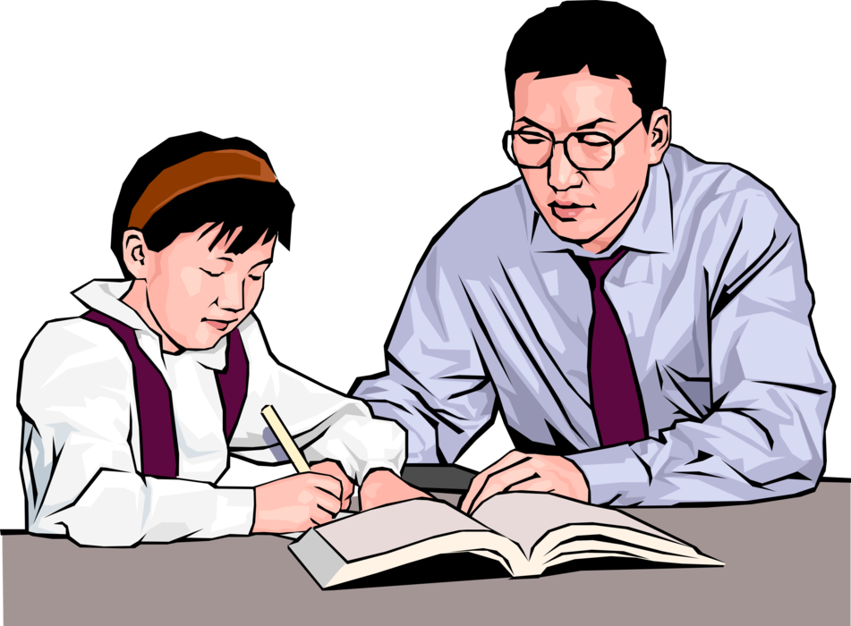 Vector Illustration of Young Academic Student Girl Reviews Assignment with Teacher