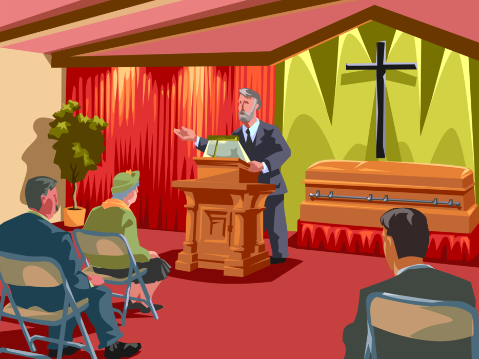 Vector Illustration of Funeral Church Service Bereaved Loved One Delivers Eulogy