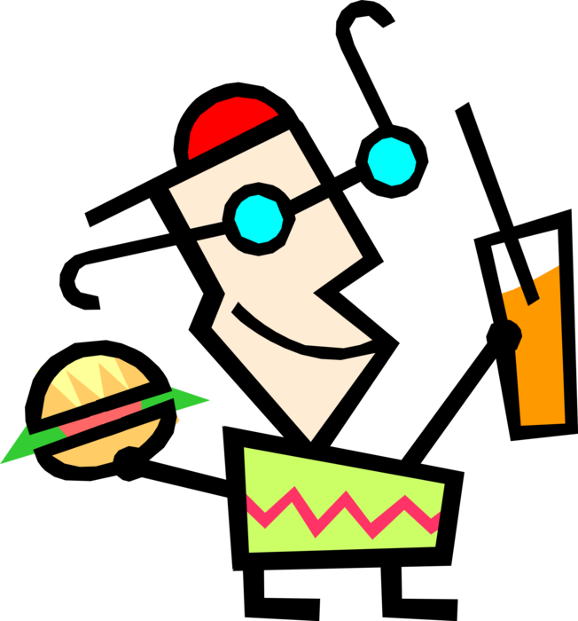 Vector Illustration of Modern Art Kid Gets Fast Food Burger and Drink